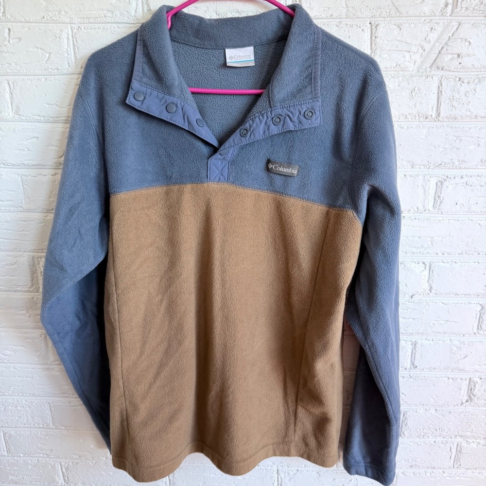 Columbia Fleece Pullover‎ Snap Neck Color Block Men's Size M Blue Tan